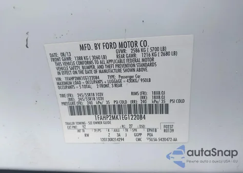 2014 Ford Police Interceptor Police Interceptor из США, поврежденный, VIN 1FAHP2MK1EG122084